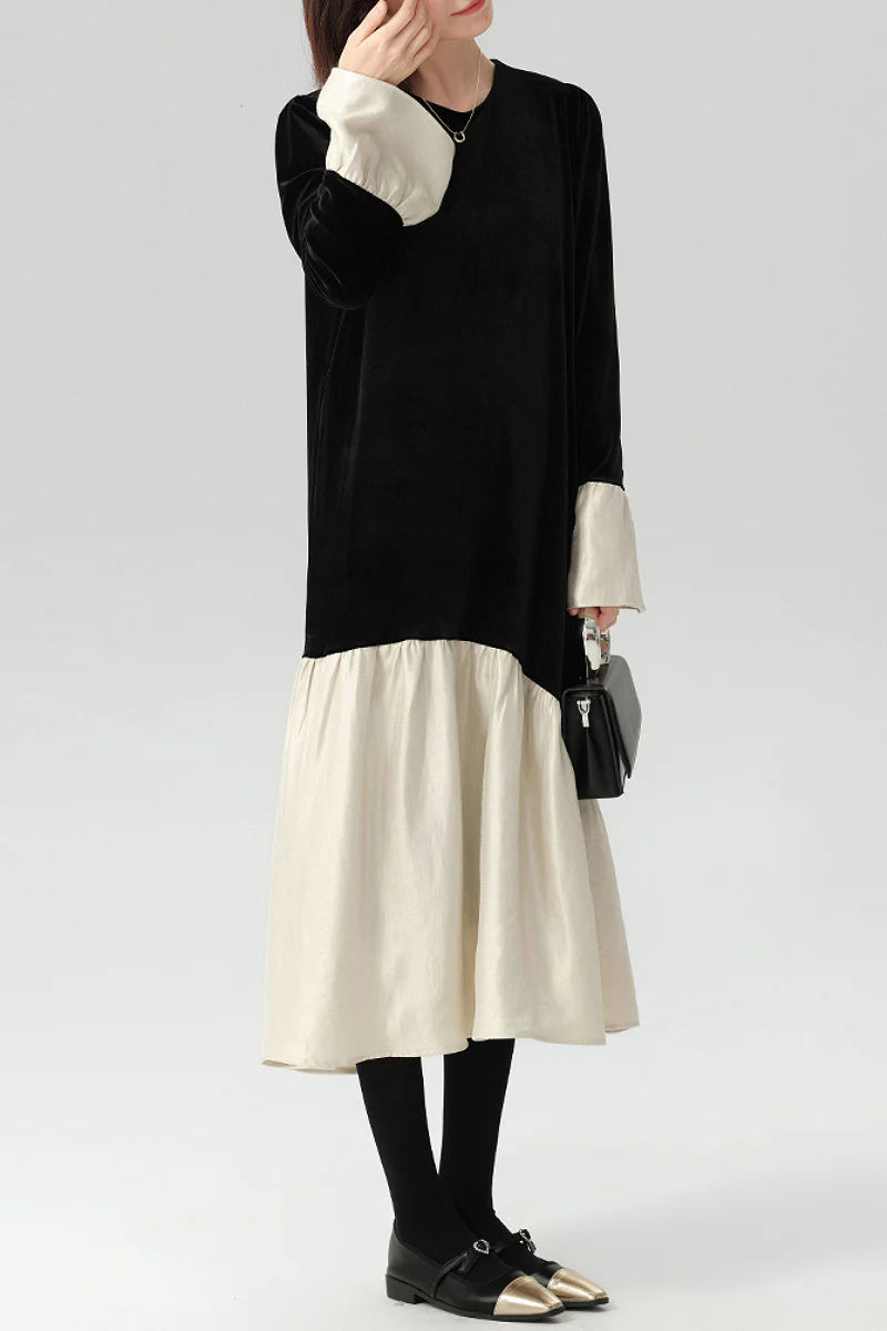 Asymmetric Patchwork Long-Sleeve Velvet Dress