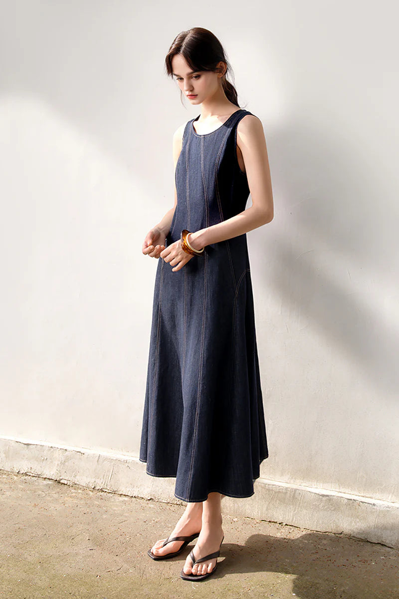 Denim Sleeveless A-Line Midi Dress