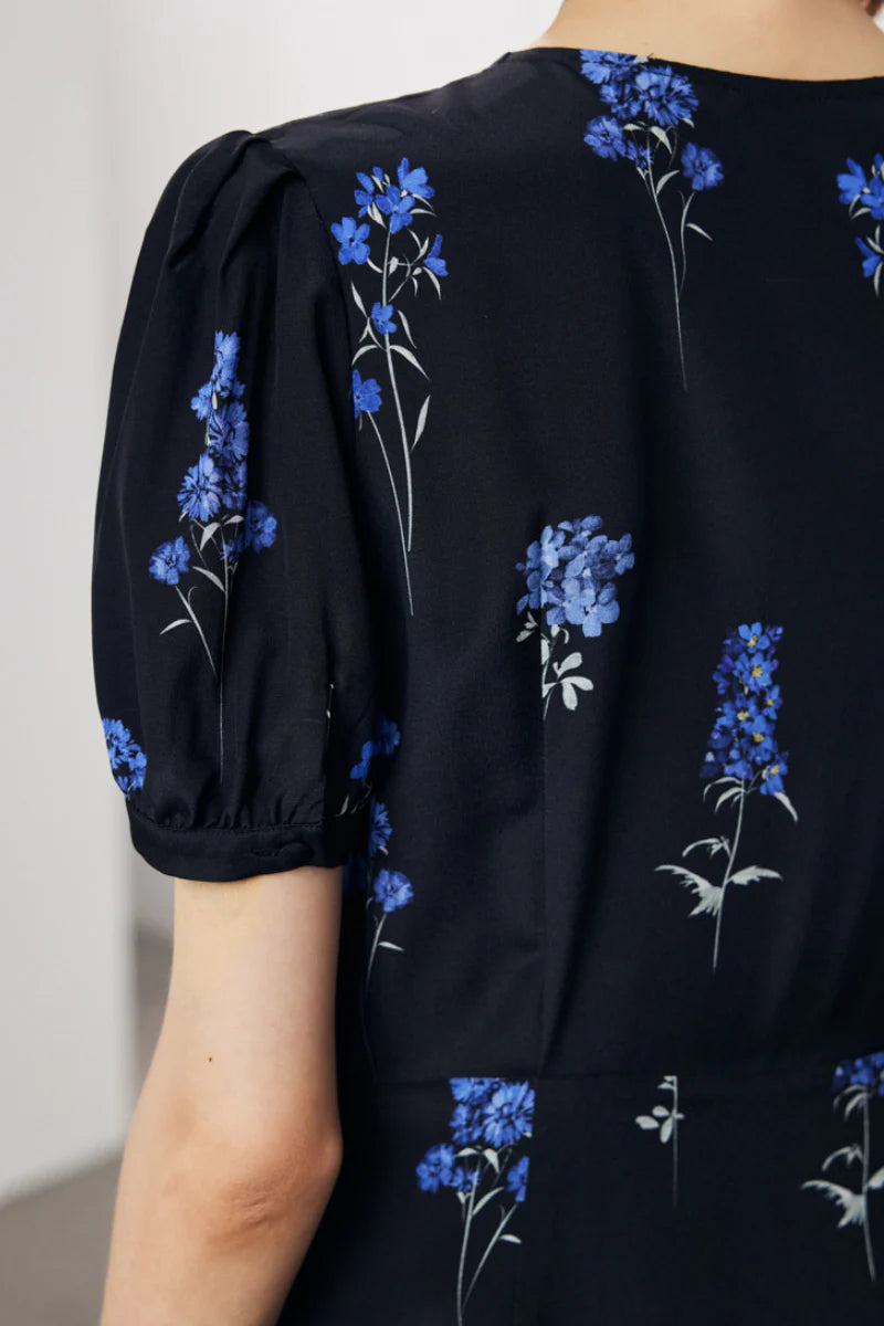 100 Mulberry Silk Floral Puff-Sleeve V-Neck Wrap Midi Dress