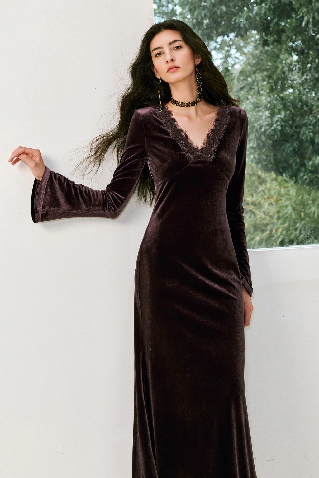 Purple Velvet Long Sleeve Lace V-Neck Maxi Dress