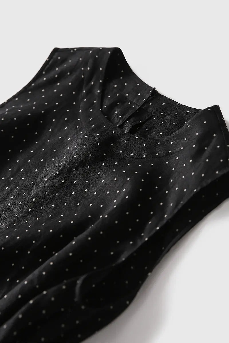 100 Linen Polka Dot Sleeveless Midi Dress with Pockets