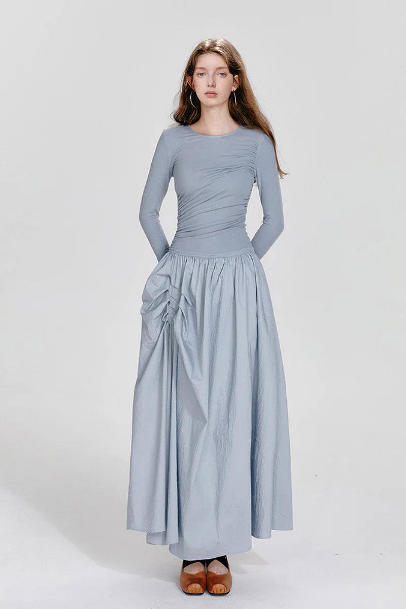 Blue Long-Sleeve Ruched Fit & Flare Maxi Dress