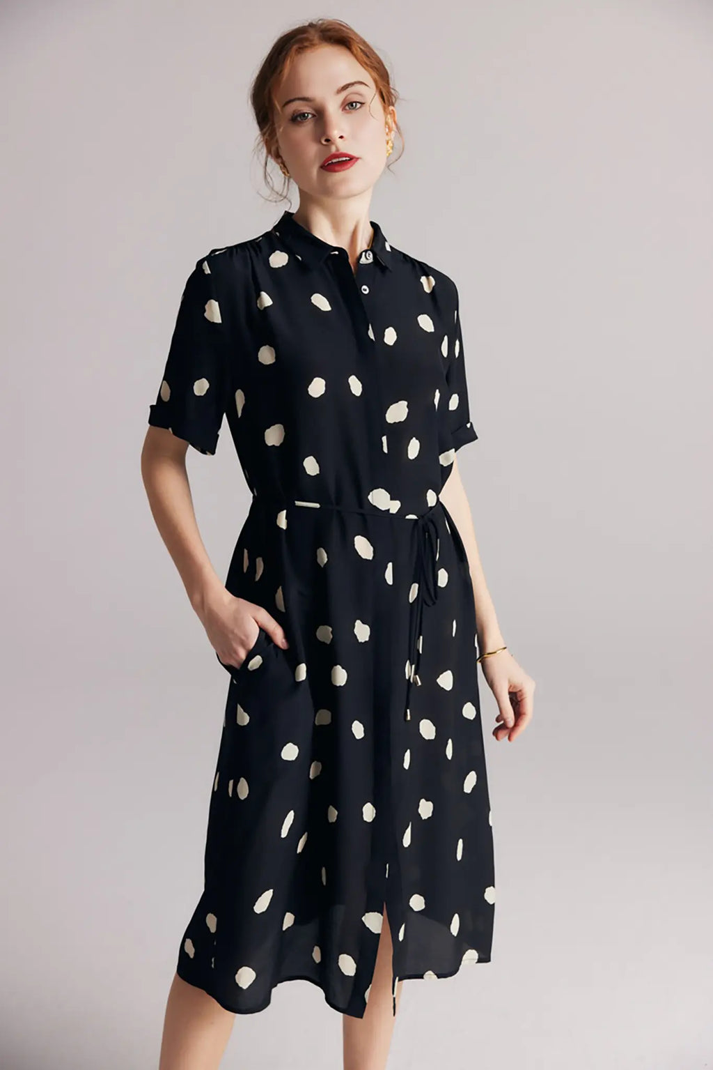 Women's Short Sleeve Polka Dot Silk Dress