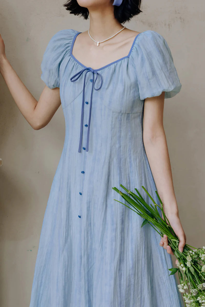 Baby Blue Lyocell V-Neck Puff-Sleeve Midi Dress