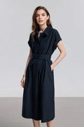 Navy Blue Belted Shirt Dress in Cotton-Lyocell Blend