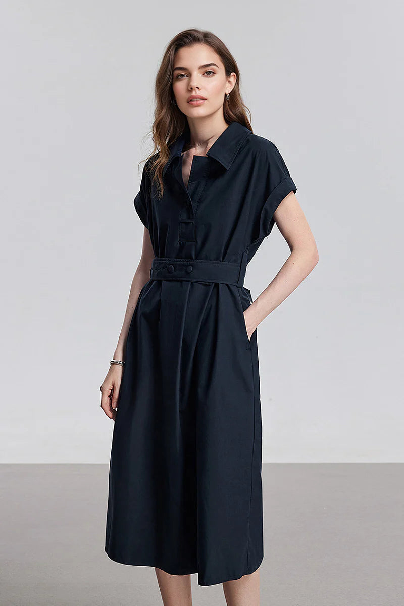 Navy Blue Belted Shirt Dress in Cotton-Lyocell Blend