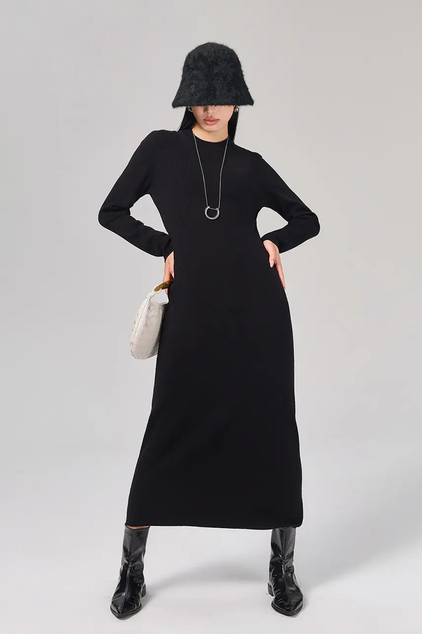 Slim Fit Long Sleeve Knit Wool Maxi Dress