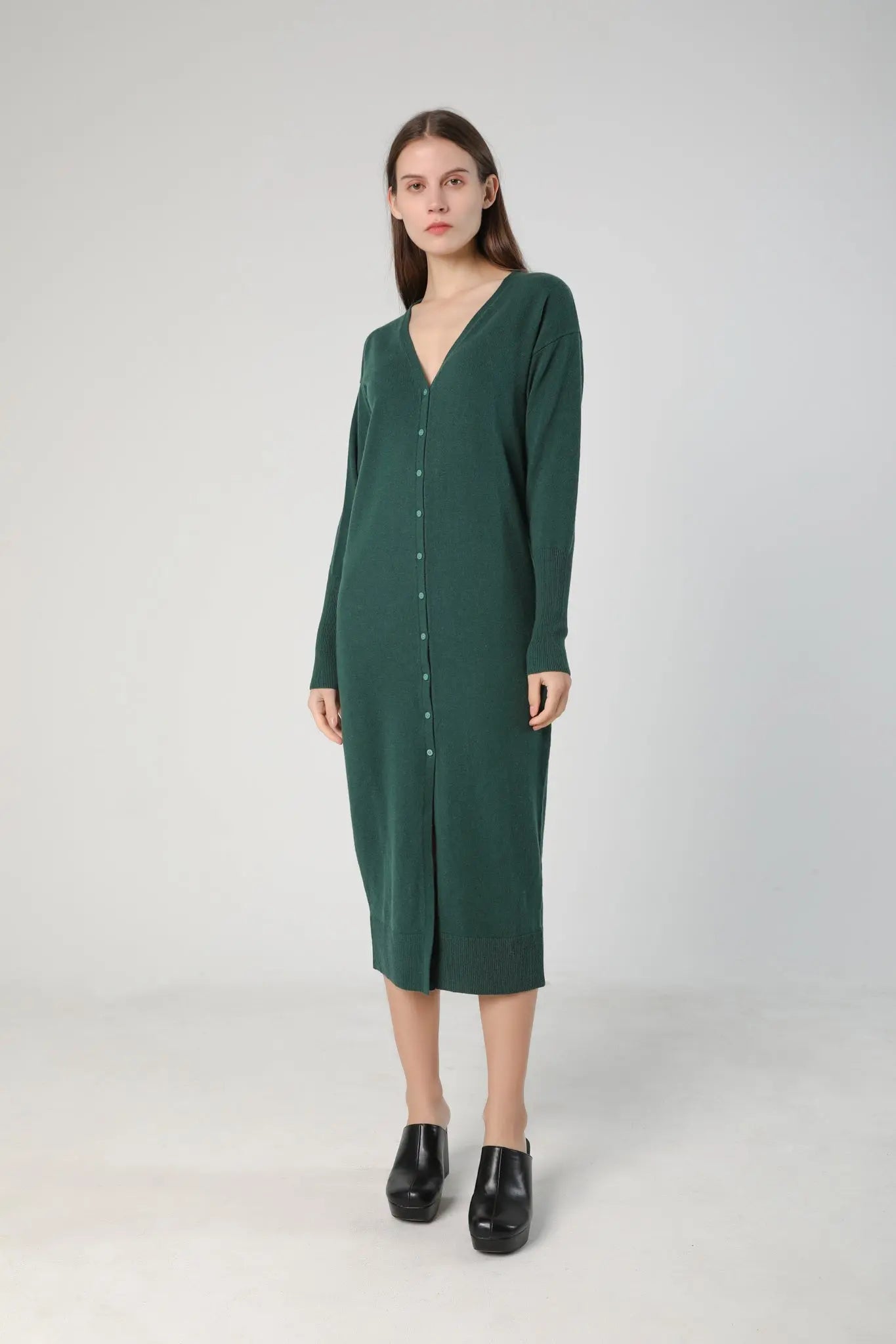 V-Neck Cardigan Sweater Dress in Merino Wool