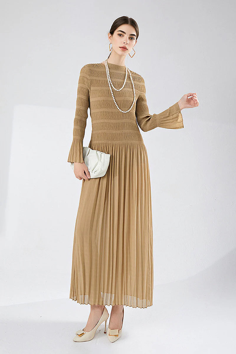 Designer Inspired Pleated Long Sleeve Smocked Maxi Dress