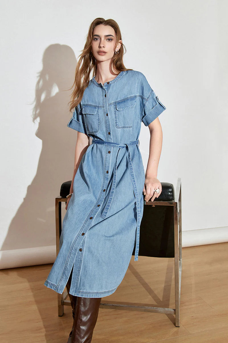 Denim Short-Sleeve Button-Up Belted Midi Shirt Dress with Back Slit