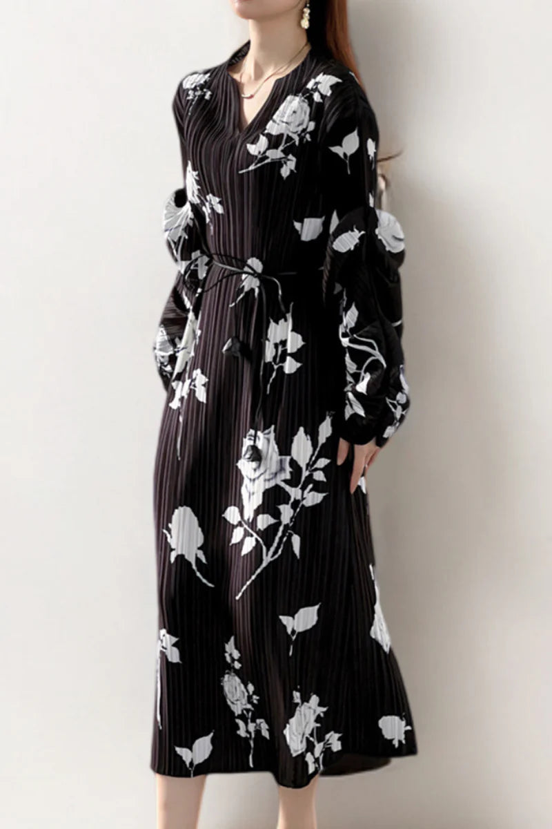 Designer Inspired Pleated Floral Long-Sleeve Midi Dress