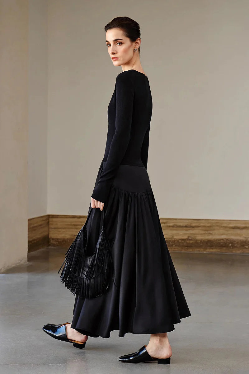 Black Fit & Flare Long-Sleeve V-Neck Maxi Dress