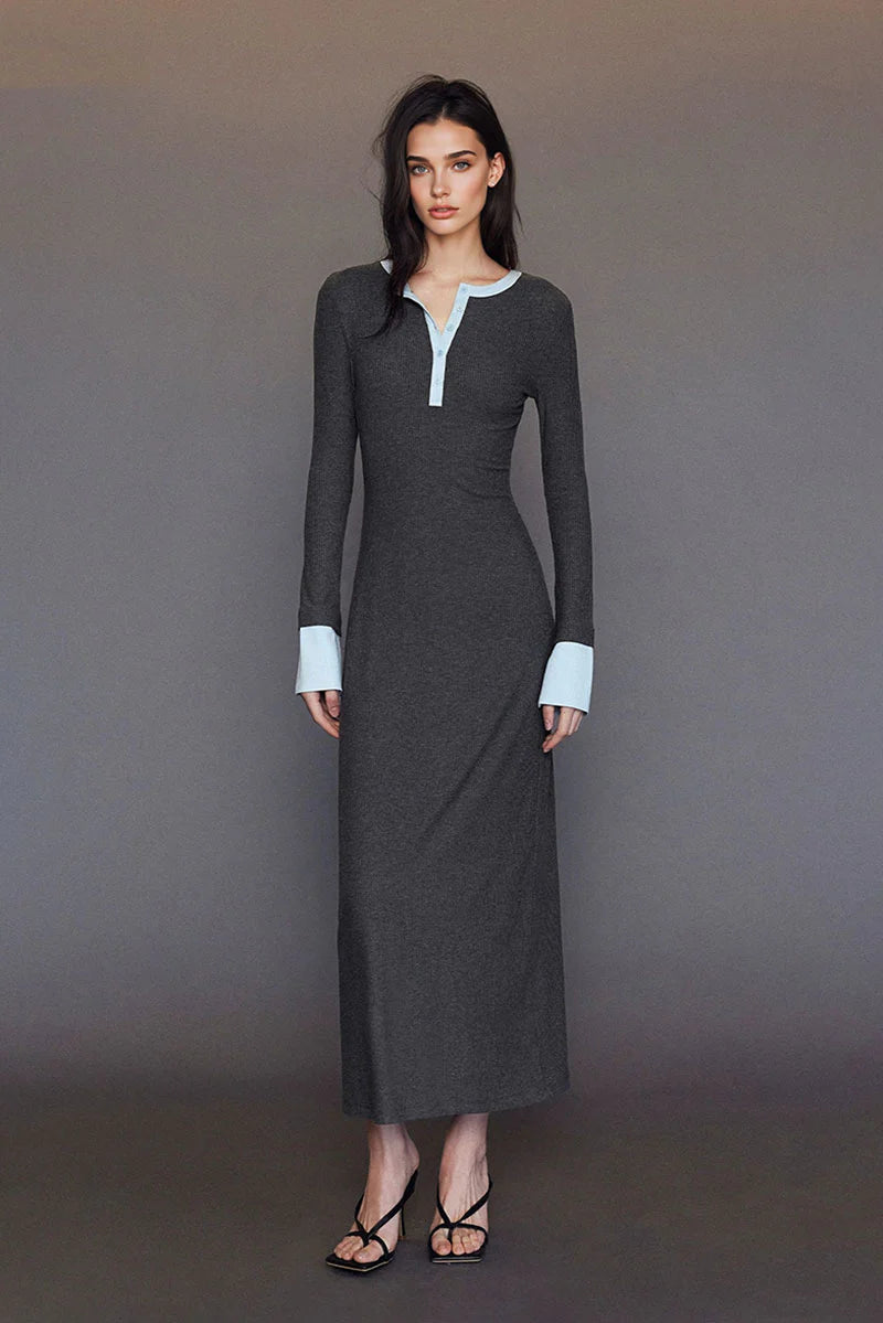 Long Sleeve Ribbed Bodycon Maxi Dress with Contrast Trim