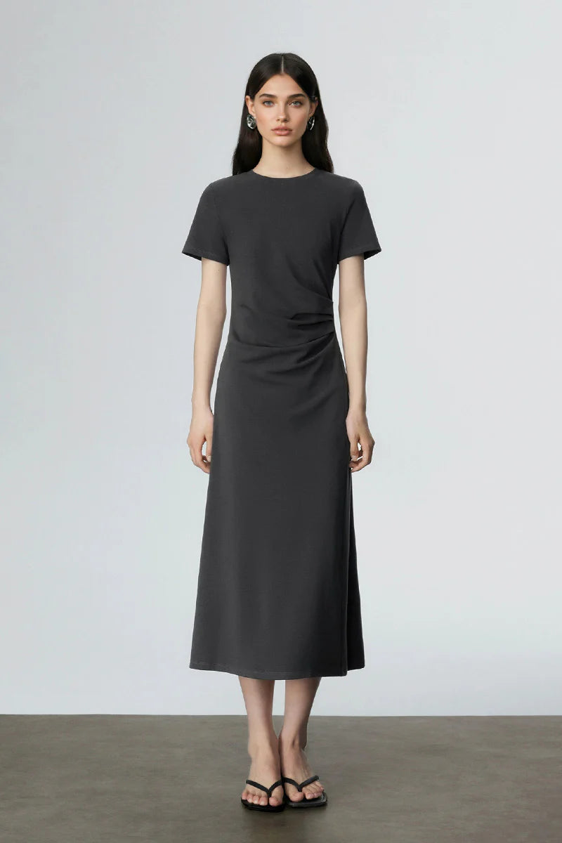 Sage Green Ruched-Waist T-Shirt Midi Dress
