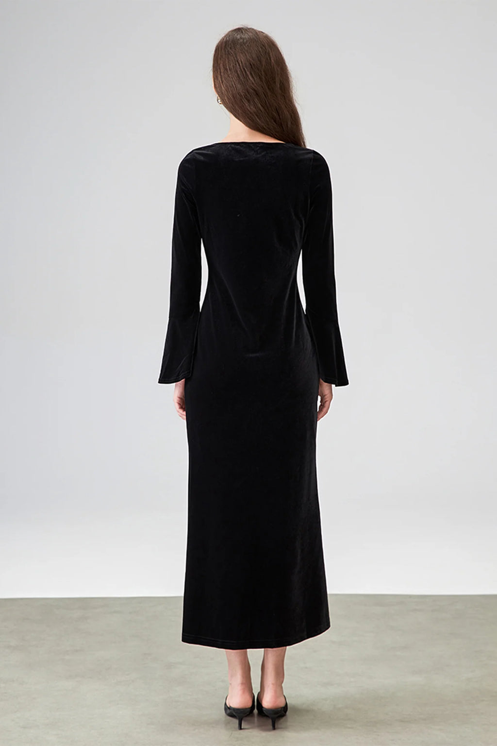 Black Velvet Long Sleeve Crewneck Maxi Dress