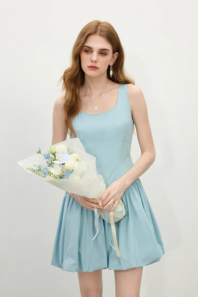 Baby Blue 100 Cotton Sleeveless Scoop-Neck Bubble Mini Dress