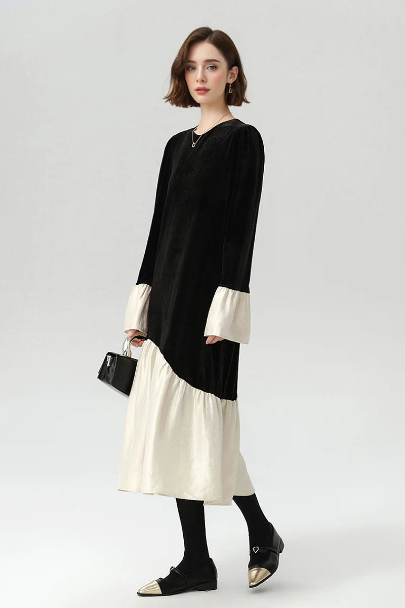 Asymmetric Patchwork Long-Sleeve Velvet Dress