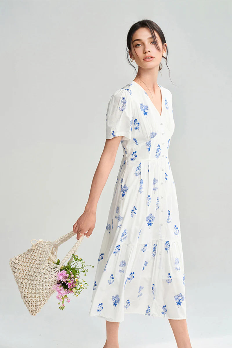 100 Cotton Floral Empire Waist A-Line Midi Sundress