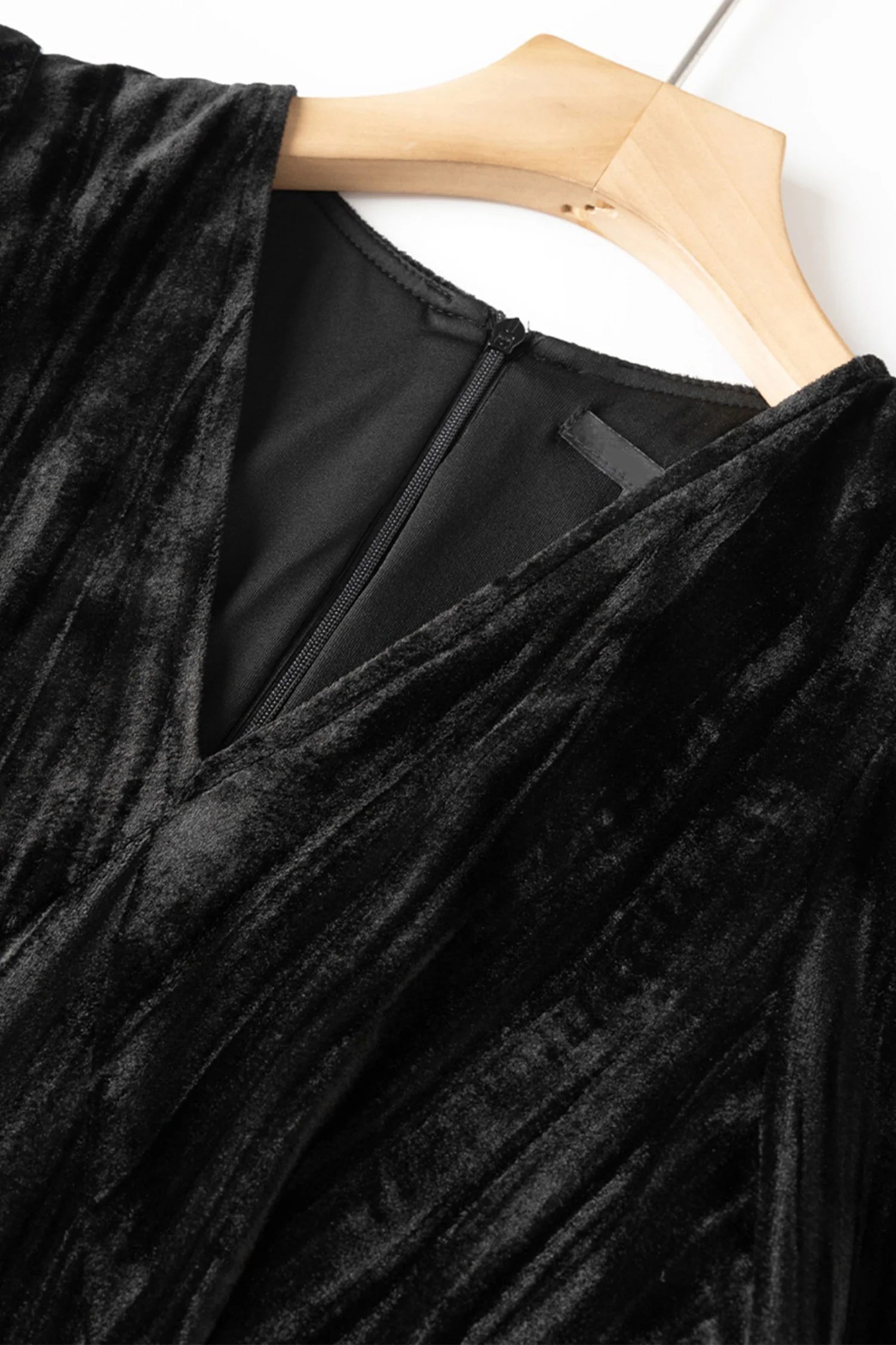 Black Velvet Textured Long Sleeve V-Neck Midi Dress