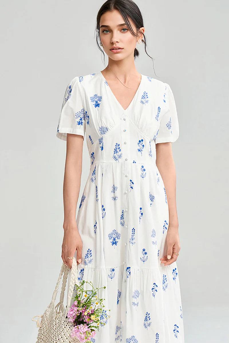 100 Cotton Floral Empire Waist A-Line Midi Sundress