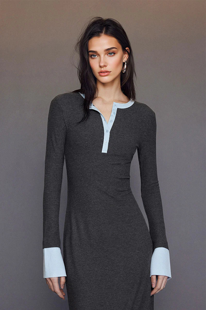 Long Sleeve Ribbed Bodycon Maxi Dress with Contrast Trim