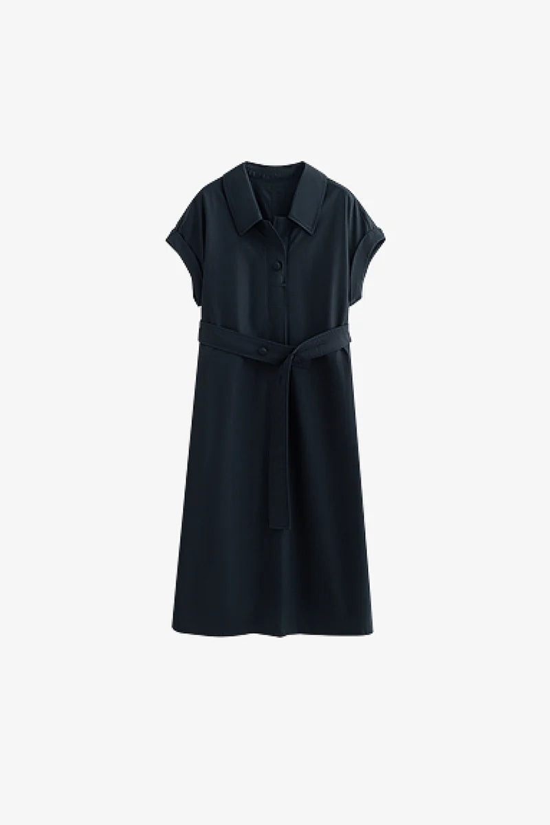 Navy Blue Belted Shirt Dress in Cotton-Lyocell Blend