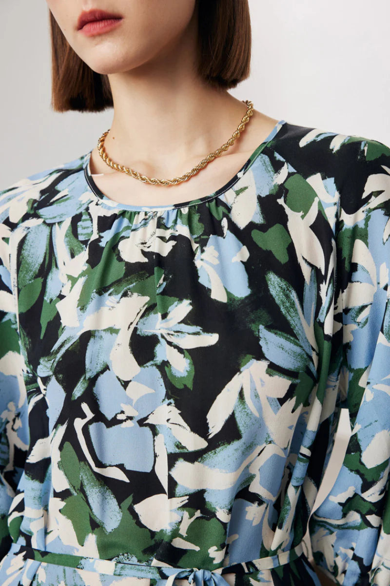 100 Mulberry Silk Floral Balloon-Sleeve Tie-Waist Midi Dress with Pockets