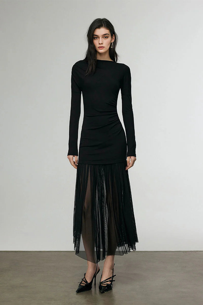 Asymmetric Draped Mesh Maxi Dress with Sleeves