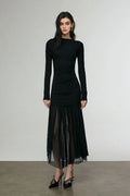 Asymmetric Draped Mesh Maxi Dress with Sleeves