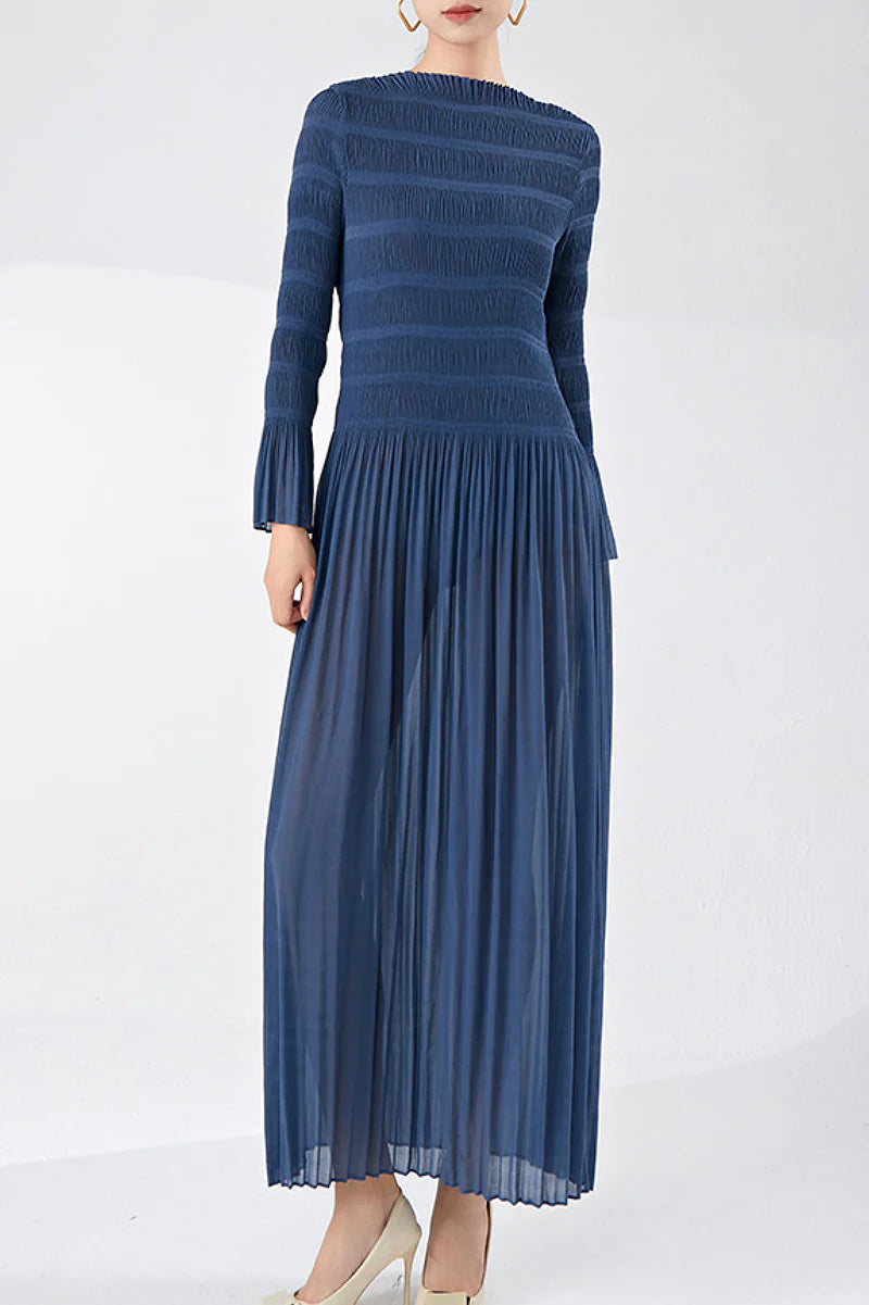 Designer Inspired Pleated Long Sleeve Smocked Maxi Dress in Slate Blue