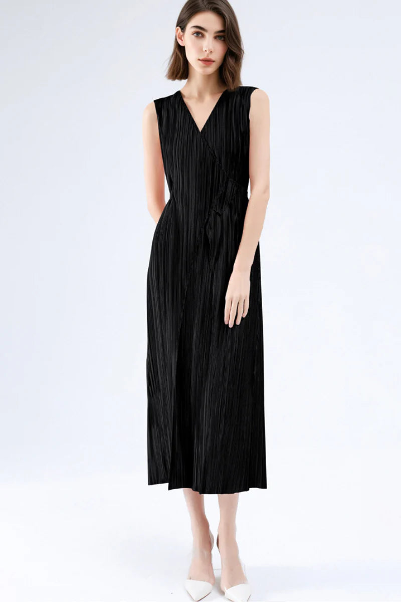 Designer Inspired Pleated Sleeveless Midi Wrap Dress