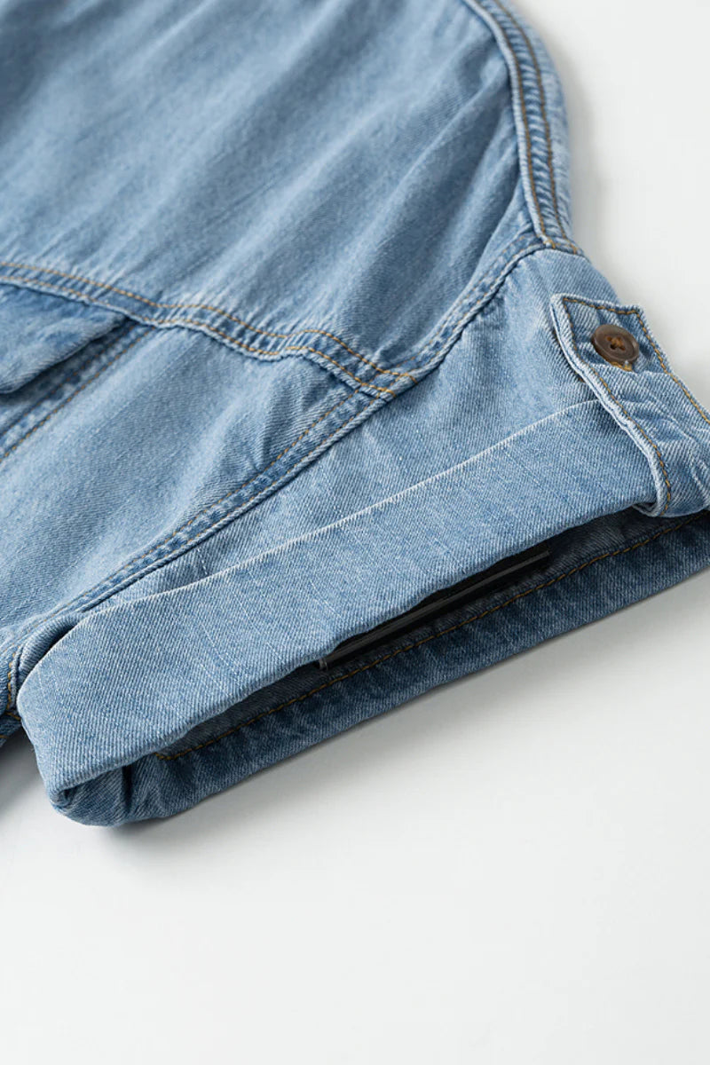 Denim Short-Sleeve Button-Up Belted Midi Shirt Dress with Back Slit