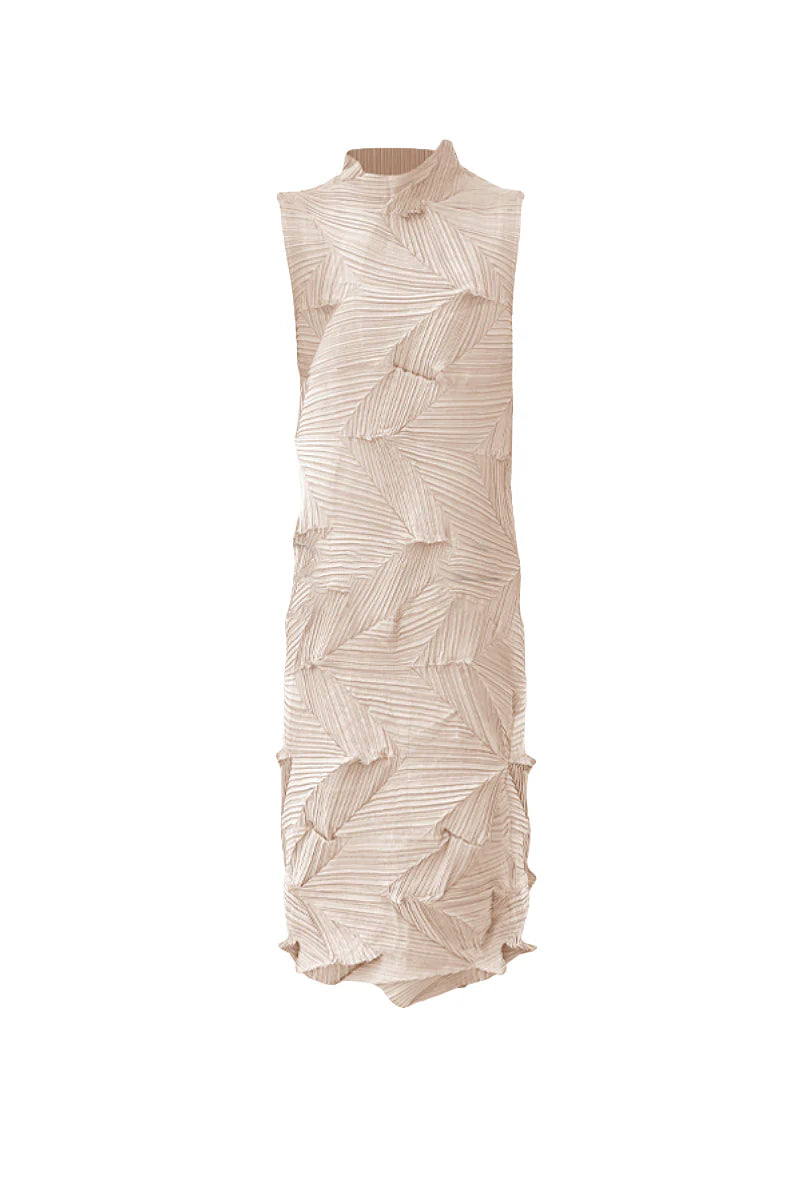 Designer Inspired Pleated Sleeveless Midi Dress in Beige