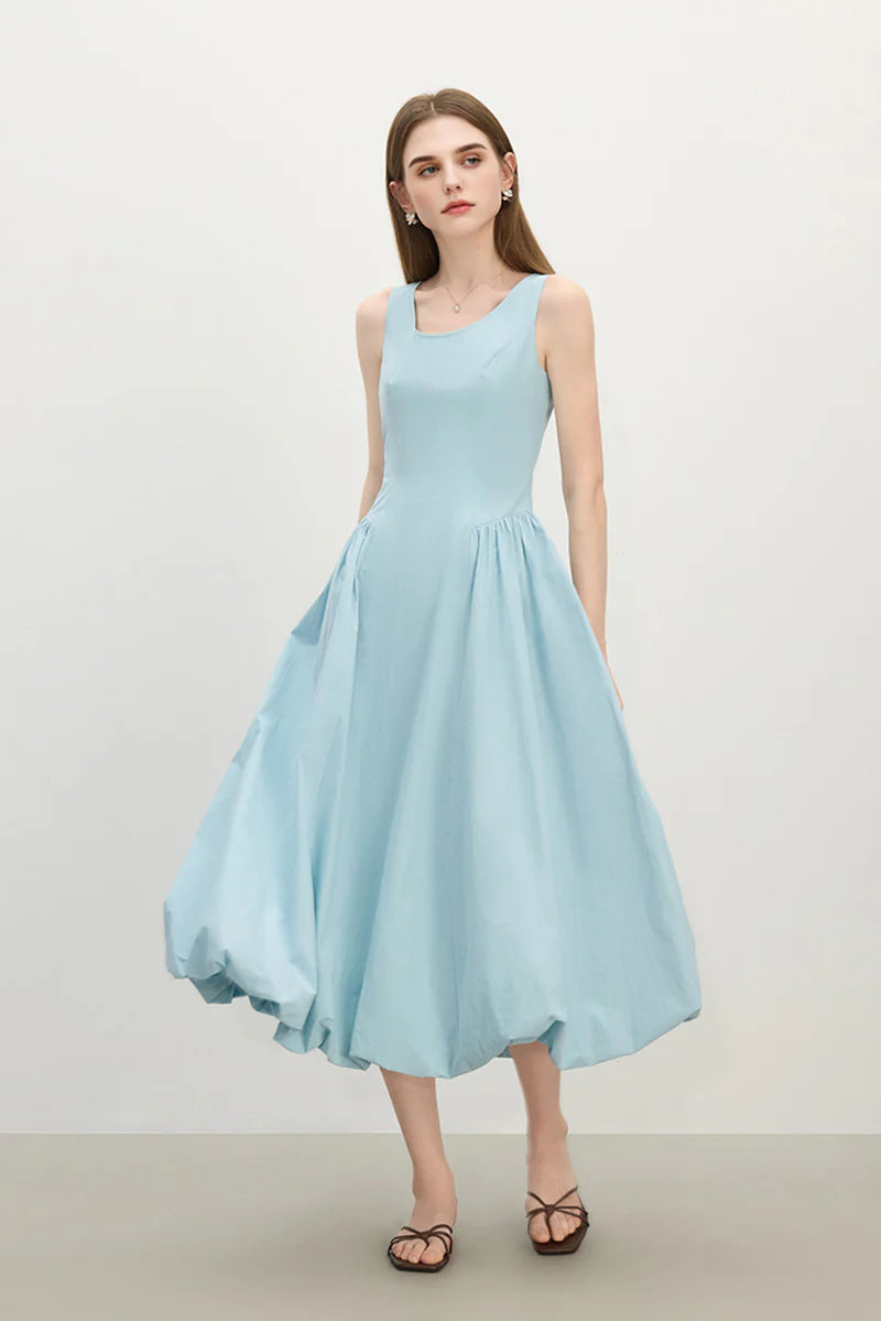Baby Blue 100 Cotton Sleeveless Scoop-Neck Bubble Midi Dress