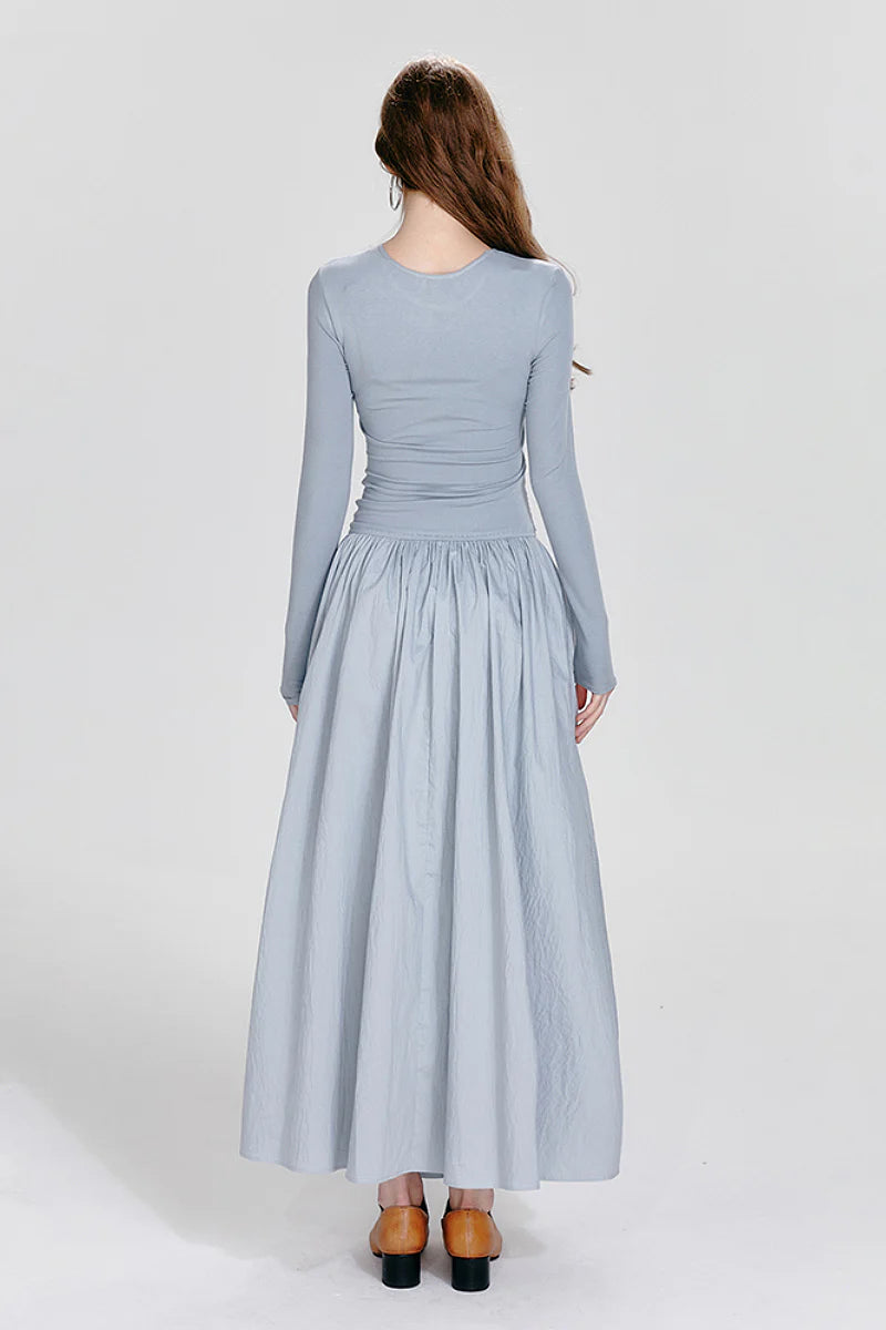Blue Long-Sleeve Ruched Fit & Flare Maxi Dress