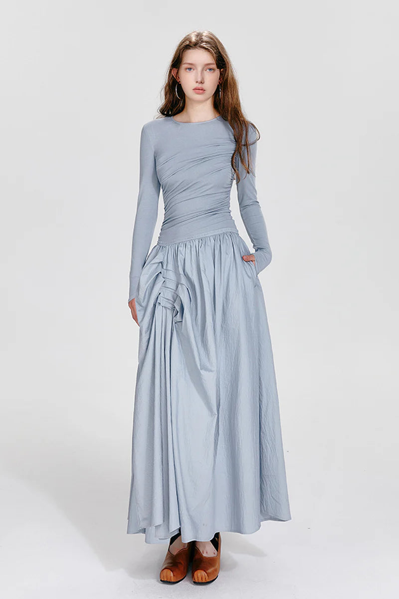 Blue Long-Sleeve Ruched Fit & Flare Maxi Dress