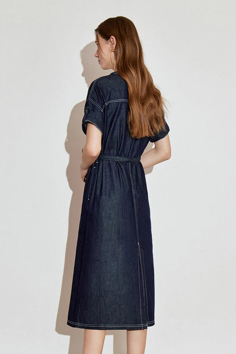 Denim Short-Sleeve Button-Up Belted Midi Shirt Dress with Back Slit
