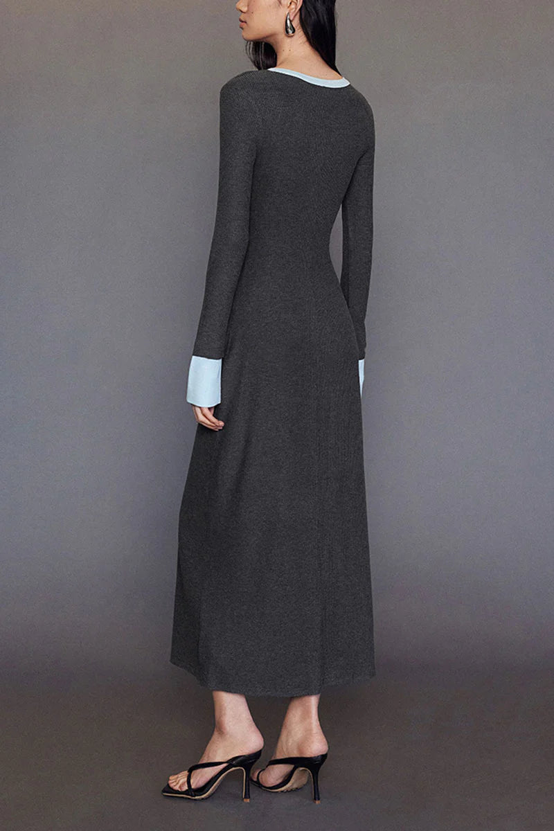 Long Sleeve Ribbed Bodycon Maxi Dress with Contrast Trim