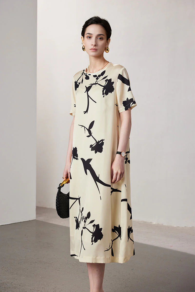 Stretch Silk Floral Short-Sleeve Crewneck Midi T-Shirt Dress