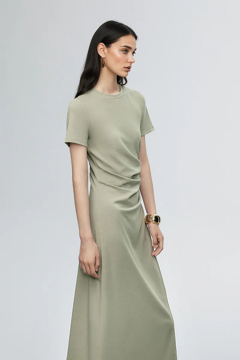 Sage Green Ruched-Waist T-Shirt Midi Dress