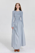 Blue Long-Sleeve Ruched Fit & Flare Maxi Dress