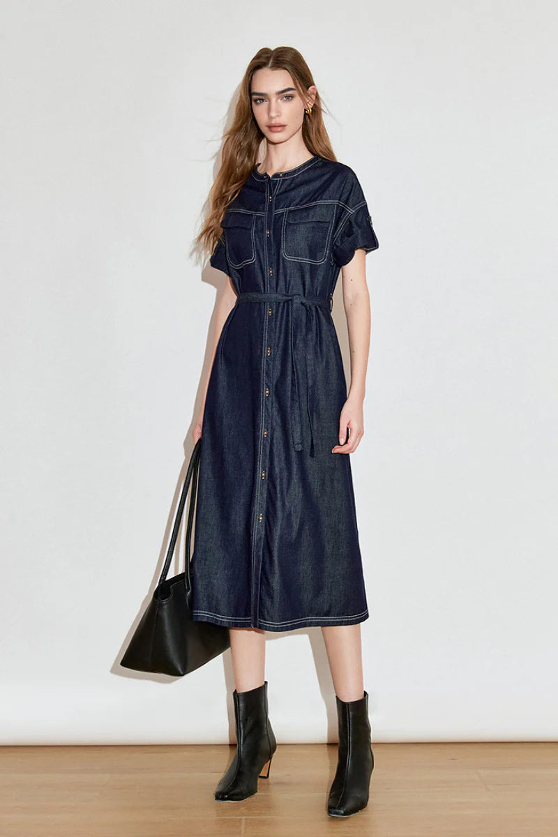 Denim Short-Sleeve Button-Up Belted Midi Shirt Dress with Back Slit