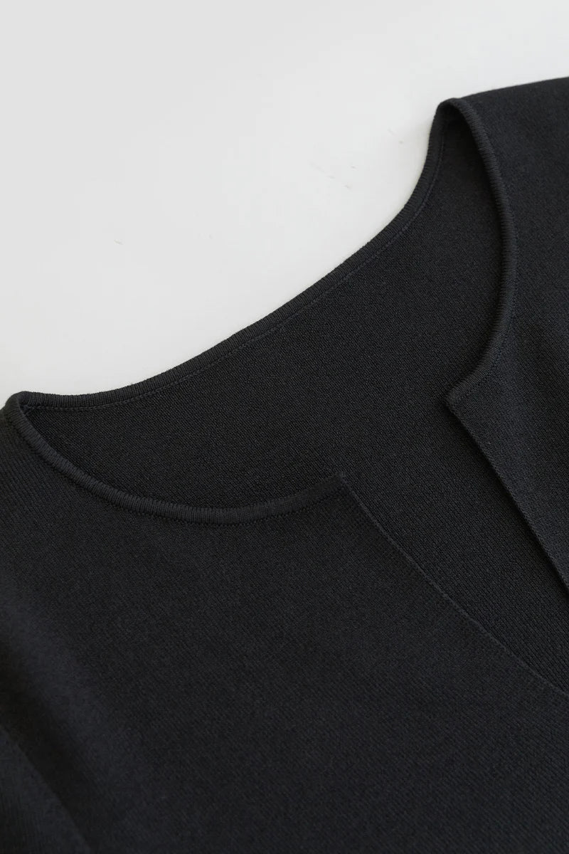 Black Fit & Flare Long-Sleeve V-Neck Maxi Dress