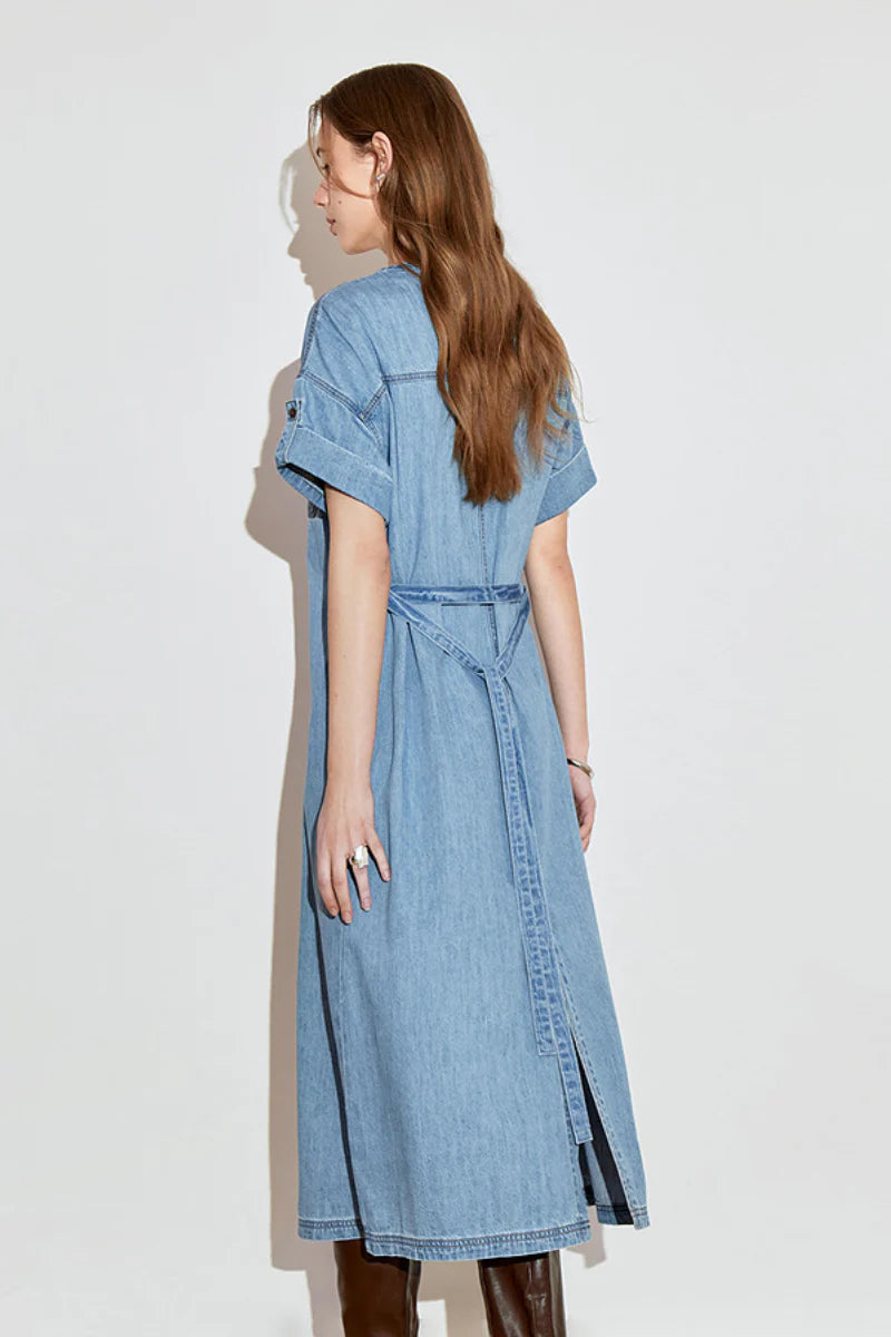 Denim Short-Sleeve Button-Up Belted Midi Shirt Dress with Back Slit