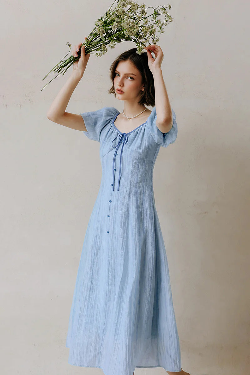 Baby Blue Lyocell V-Neck Puff-Sleeve Midi Dress