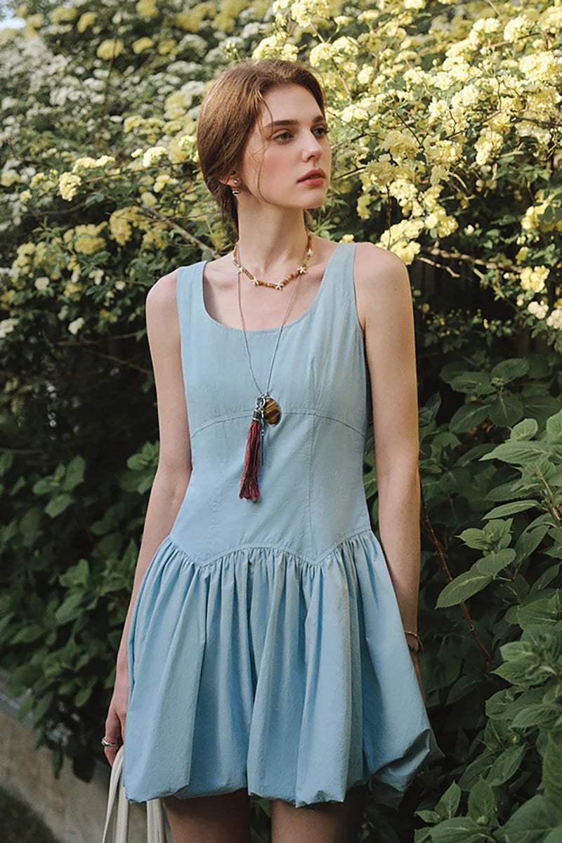 Baby Blue 100 Cotton Sleeveless Scoop-Neck Bubble Mini Dress