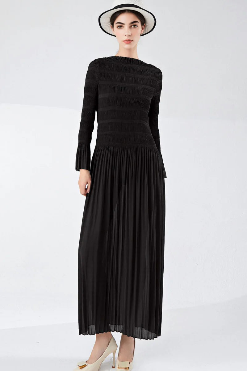 Designer Inspired Pleated Long Sleeve Smocked Maxi Dress