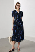 100 Mulberry Silk Floral Puff-Sleeve V-Neck Wrap Midi Dress