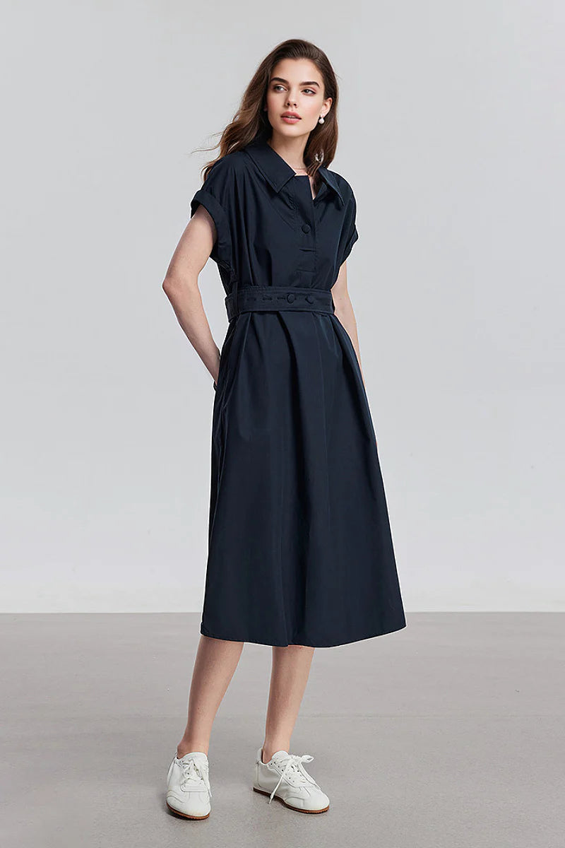 Navy Blue Belted Shirt Dress in Cotton-Lyocell Blend