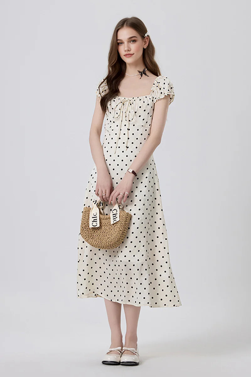 White Polka-Dot Midi Dress